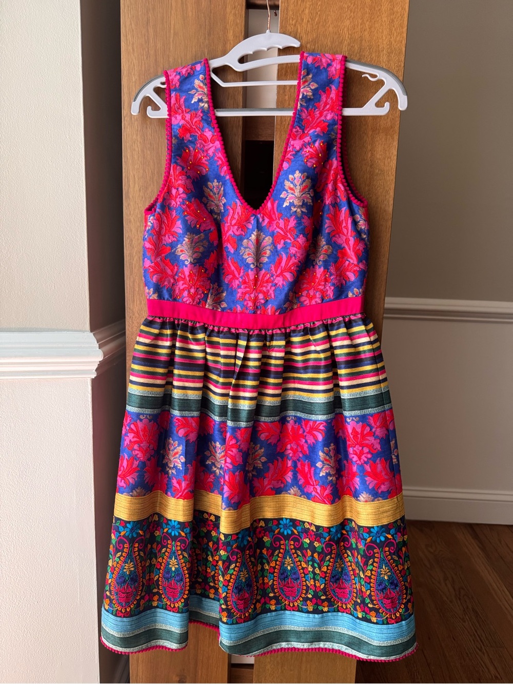 Bold Floral A-Line Midi Skirt - Pink & Blue